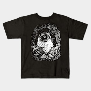 Cat in a Christmas wreath art in a linear style Kids T-Shirt